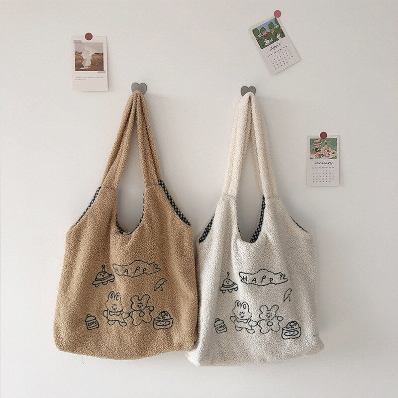 Plush Embroidery Large Capacity Leisure Shopping Bag