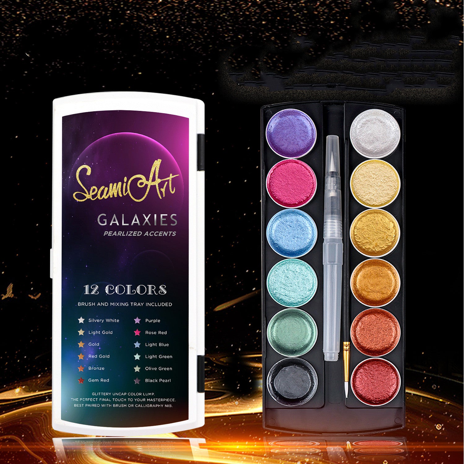 Peinture Aquarelle Solide Métallique 12 Couleurs avec Pinceau