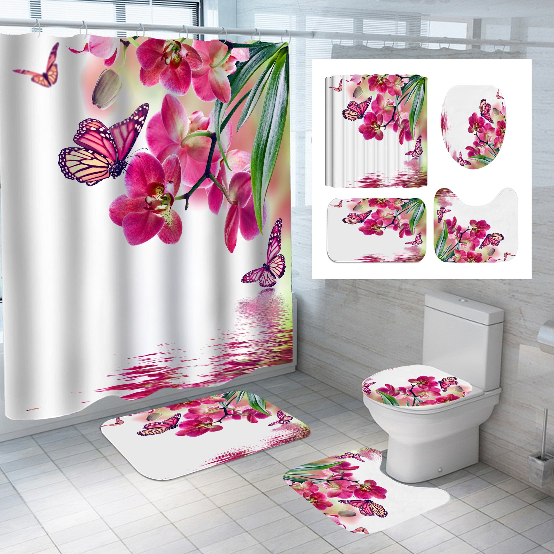 Digital Printing Polyester Shower Curtain Bathroom Pansy Reflection