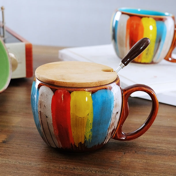 Tasse créative en céramique pour lait, eau, café, petit-déjeuner, tasse de couple, avec couvercle et cuillère