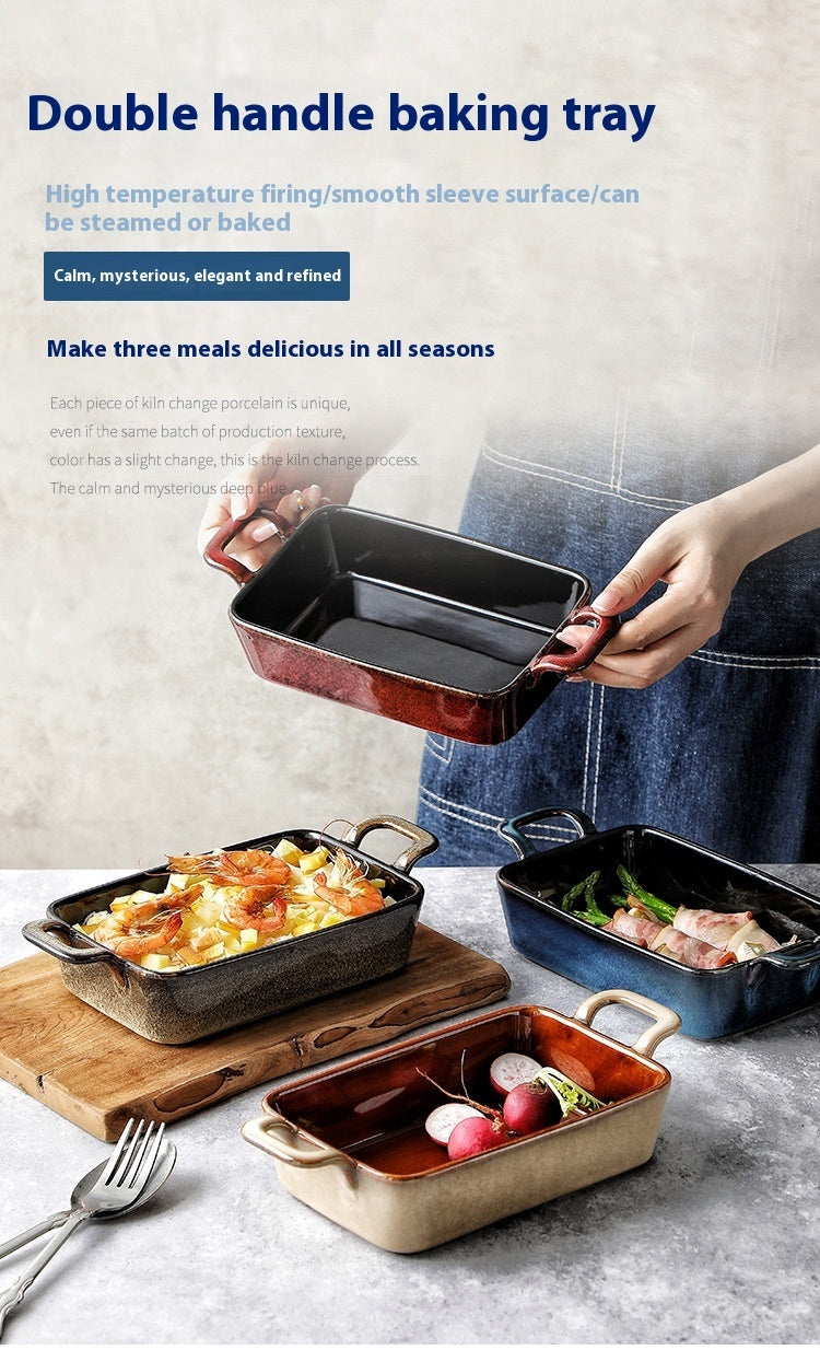 Bandeja de cerámica rectangular para horno microondas, recipiente para hornear binaural
