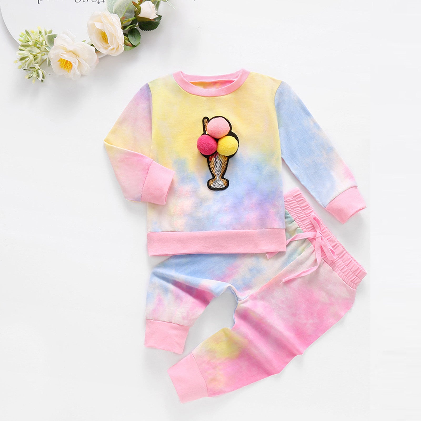 Children's Long-Sleeved Tie-Dye Ice Cream Printed Top Pants Suit