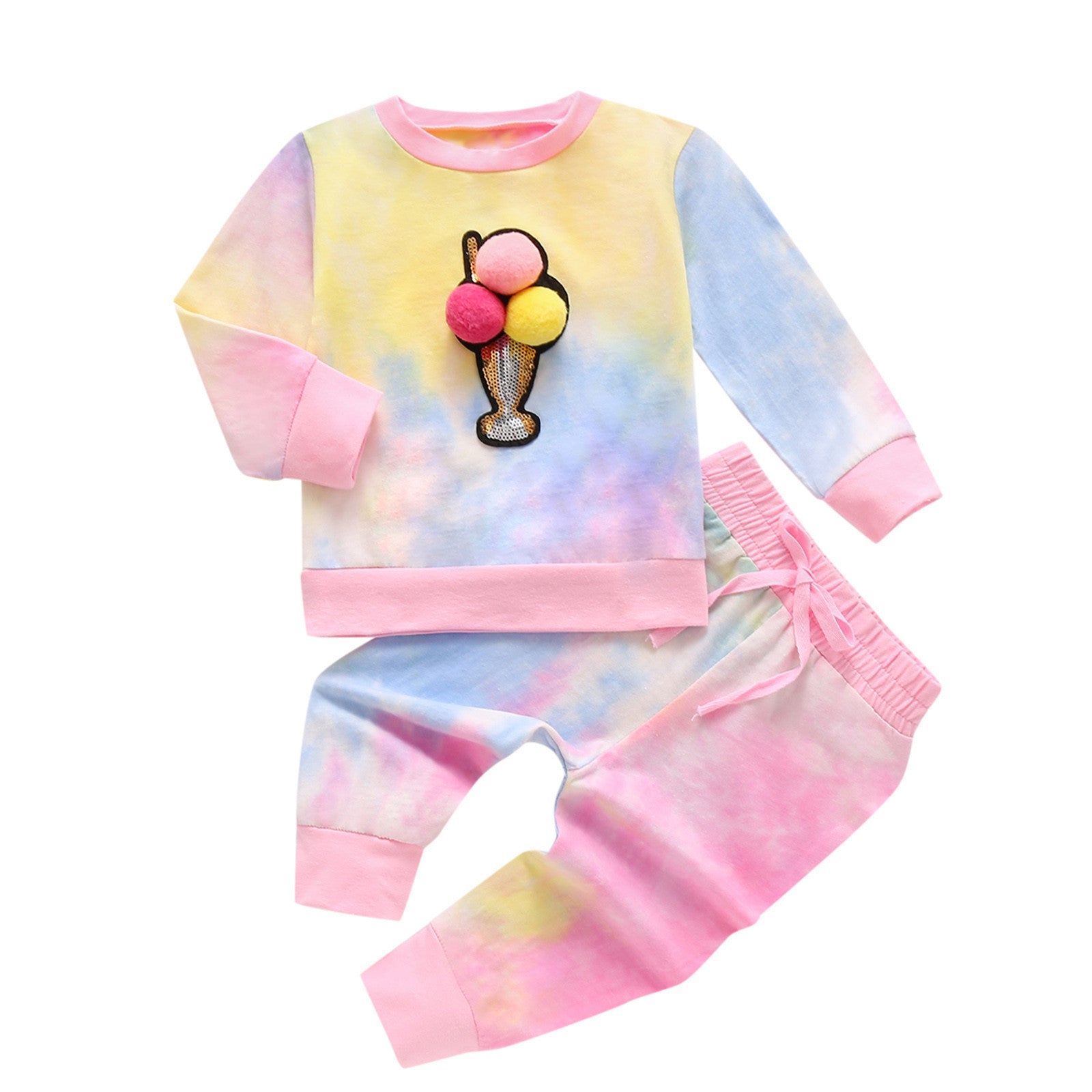 Children's Long-Sleeved Tie-Dye Ice Cream Printed Top Pants Suit