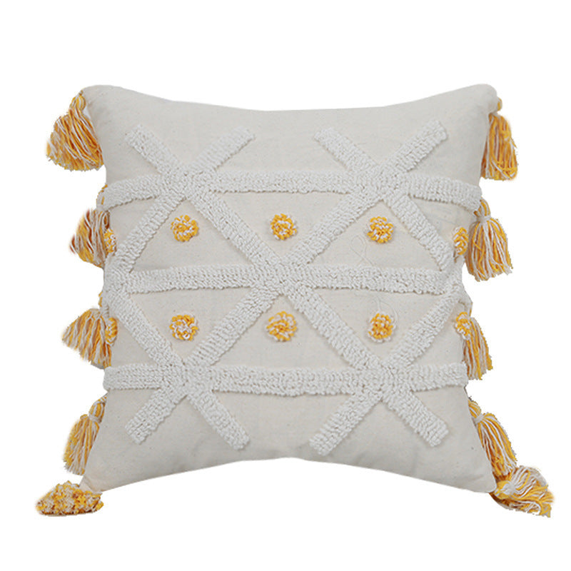 Hand-Embroidered Tufted Geometric Tassel Pillowcase