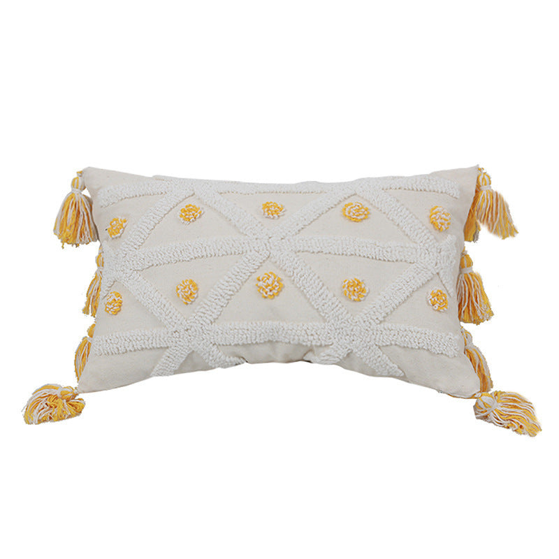 Hand-Embroidered Tufted Geometric Tassel Pillowcase