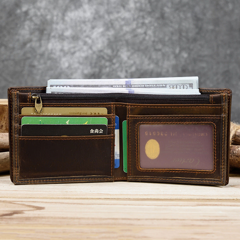 Vintage Wallet Leather Short Wallet Zipper Coin Bag First Layer Cowhide Bi Fold Wallet