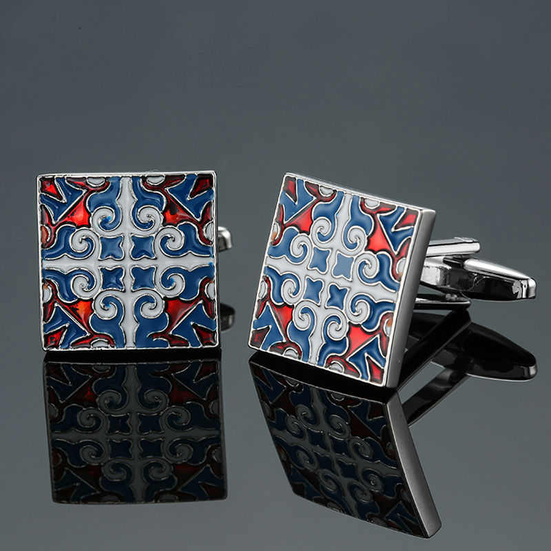 Boutons de manchette en émail cristal de la série bleue motif vintage