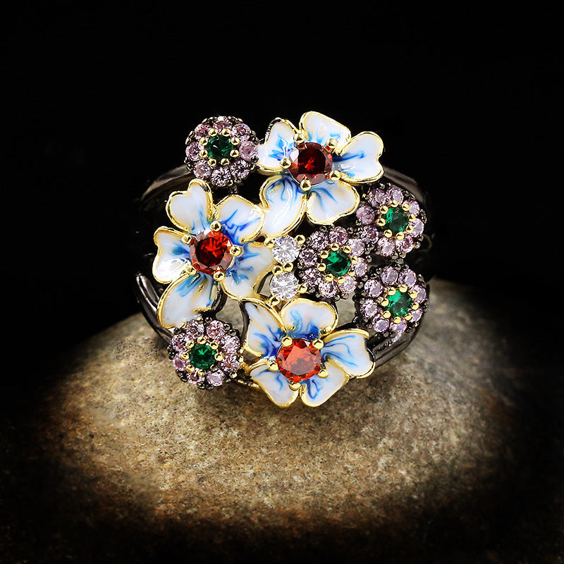 Bague en zircon de couleur tendance, Bague fleur, Bague en or, Bijoux pour femmes, Bijoux