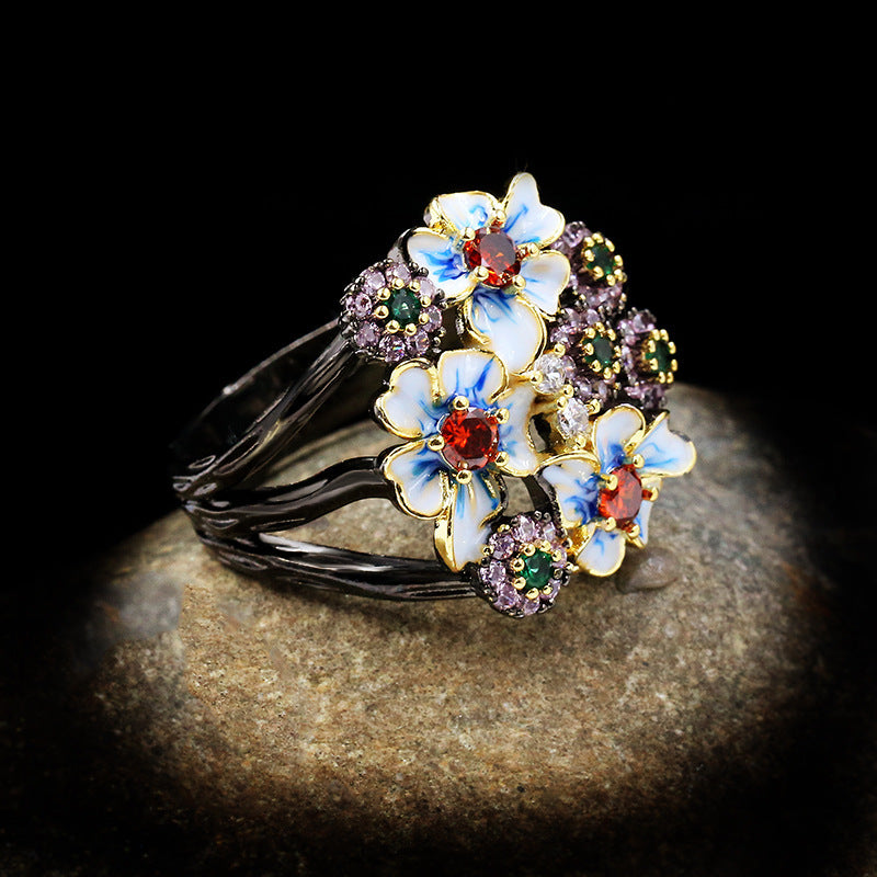 Bague en zircon de couleur tendance, Bague fleur, Bague en or, Bijoux pour femmes, Bijoux