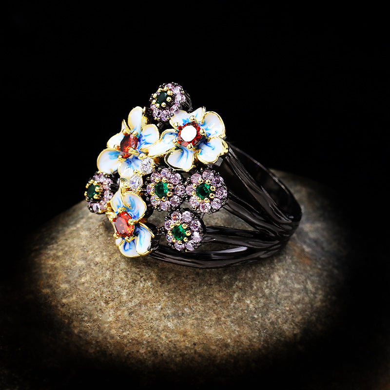 Fashion Color Zircon Ring, Flower Ring, Gold Ring, Ladies Jewelry, Jewelry