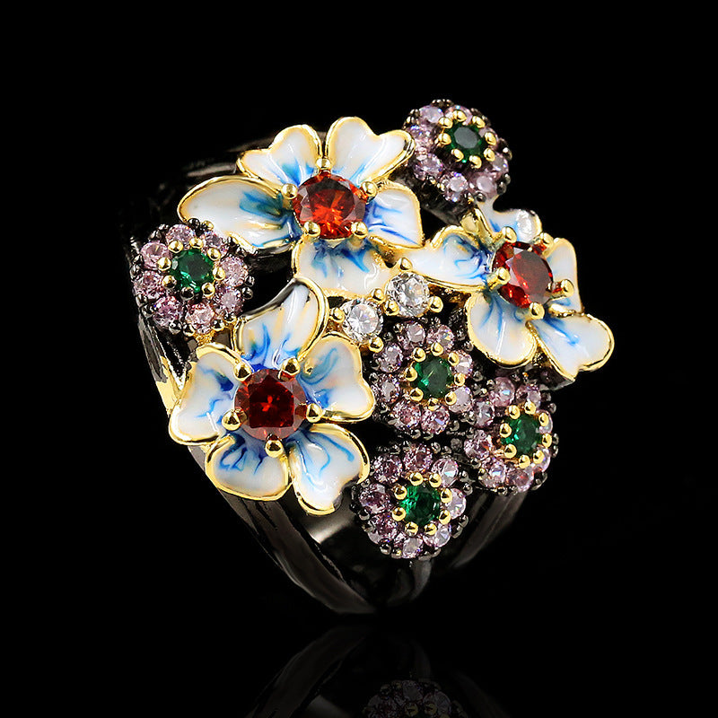Bague en zircon de couleur tendance, Bague fleur, Bague en or, Bijoux pour femmes, Bijoux
