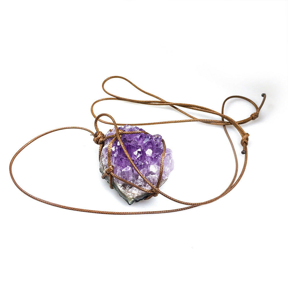 Pendentif en pierre brute d'améthyste naturelle d'Uruguay, collier tressé en pierre brute d'améthyste