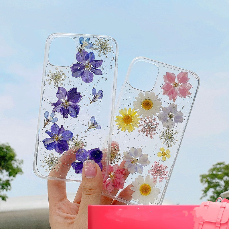 Compatible avec, Coque de protection pour téléphone en véritables fleurs de marguerite