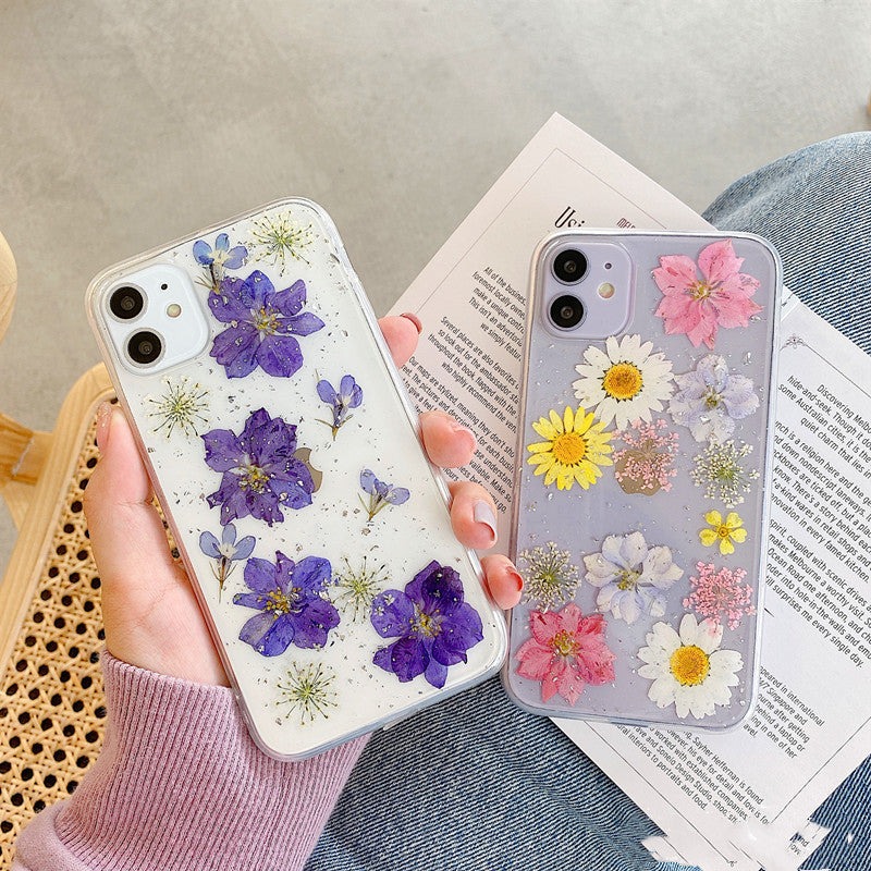 Compatible avec, Coque de protection pour téléphone en véritables fleurs de marguerite