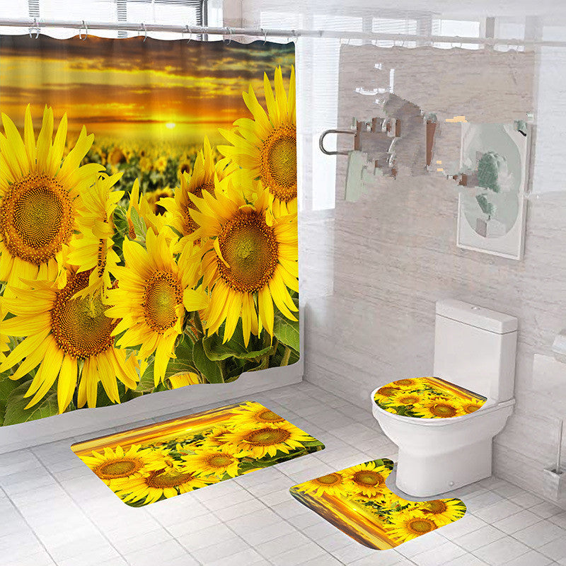 Polyester Printing Sunflower Shower Curtain Bathroom Waterproof Shower Curtain Non-slip Mat Floor Mat Four-piece Set