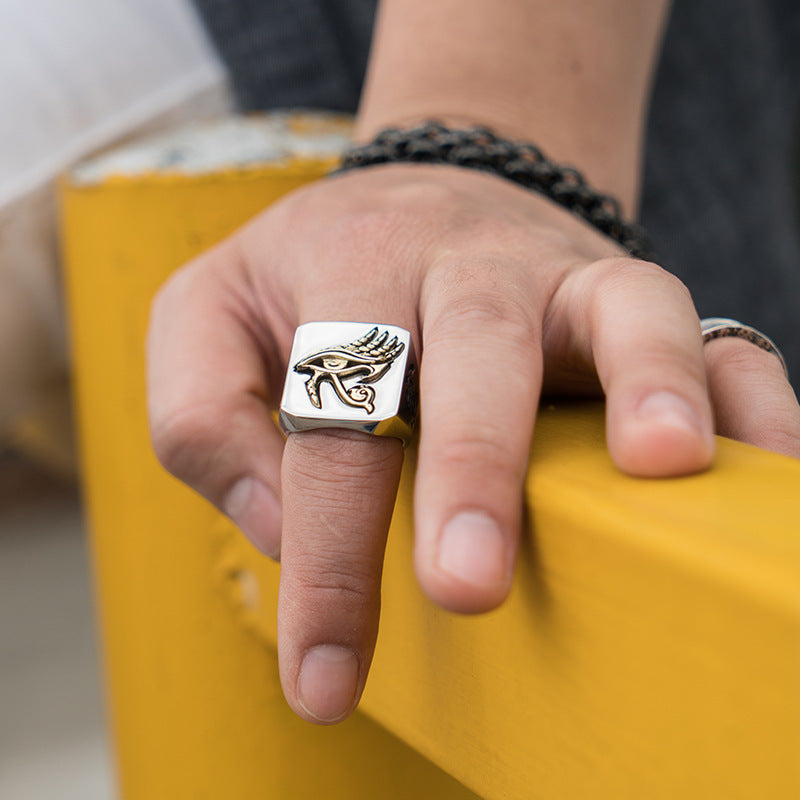 Bague Œil d'Horus Acier Titane Rétro Hip Hop Bijoux Homme