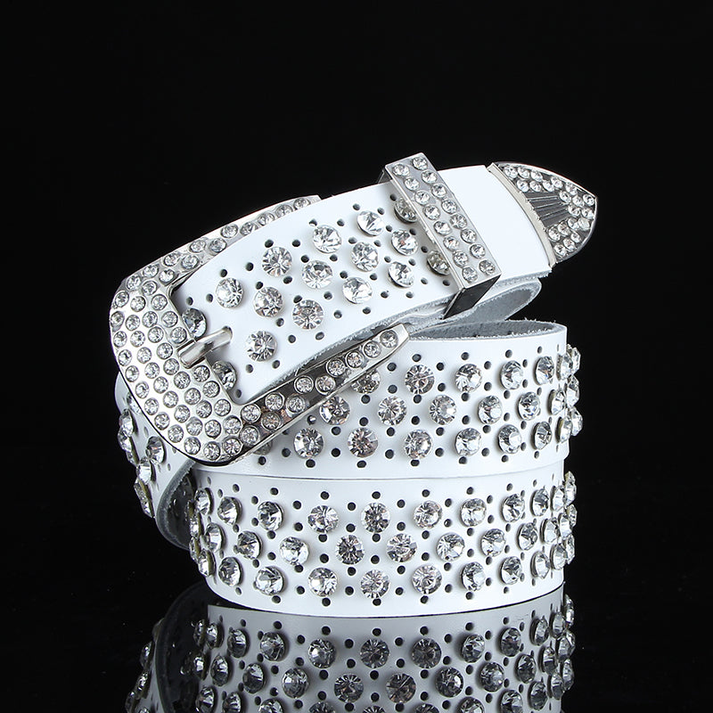 Ceinture en cuir noire et blanche toutes-saisons avec diamants, large ceinture en cuir avec cristaux