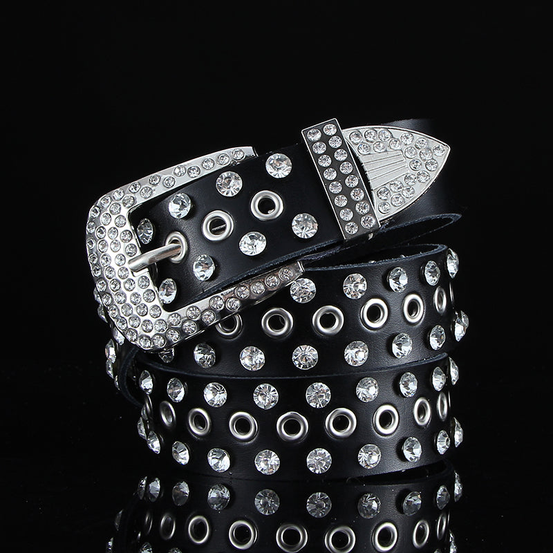 Ceinture en cuir noire et blanche toutes-saisons avec diamants, large ceinture en cuir avec cristaux