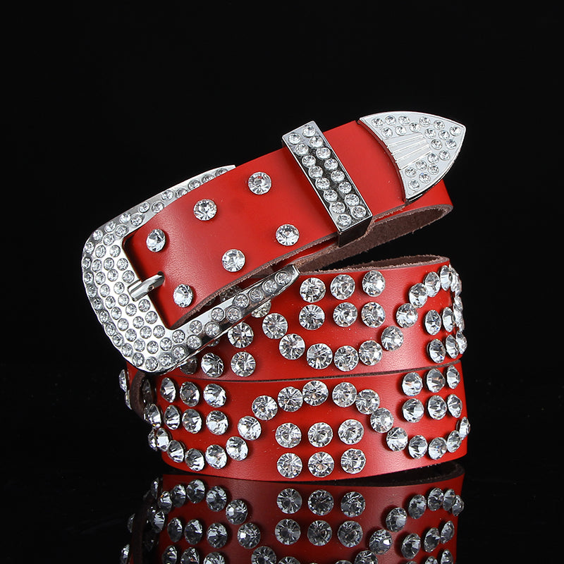 Ceinture en cuir noire et blanche toutes-saisons avec diamants, large ceinture en cuir avec cristaux