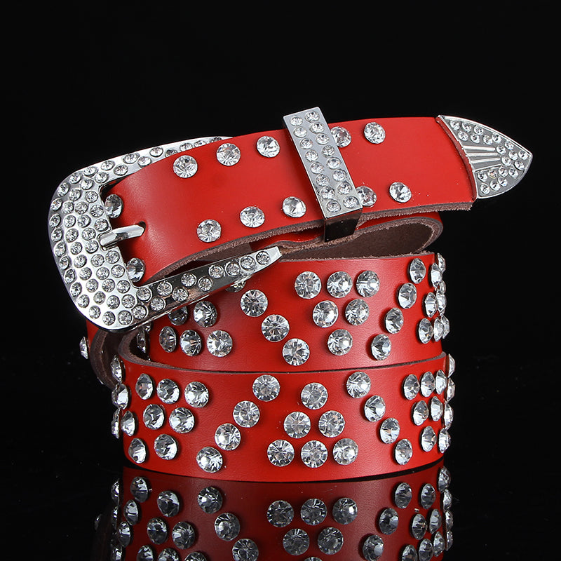 Ceinture en cuir noire et blanche toutes-saisons avec diamants, large ceinture en cuir avec cristaux