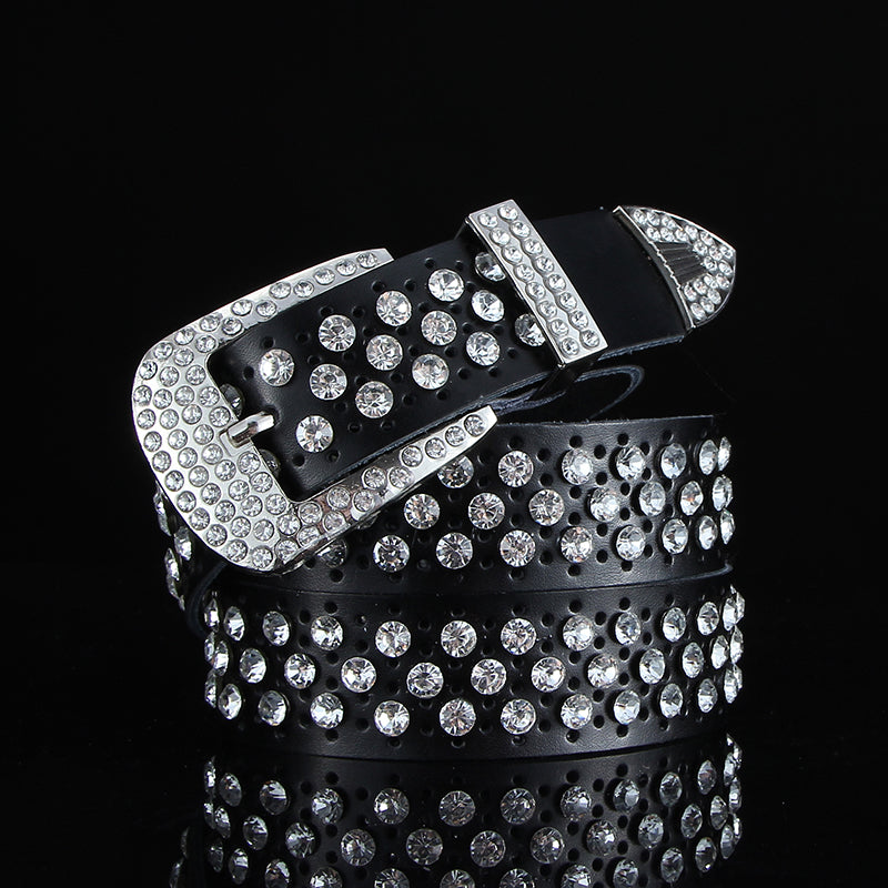 Ceinture en cuir noire et blanche toutes-saisons avec diamants, large ceinture en cuir avec cristaux