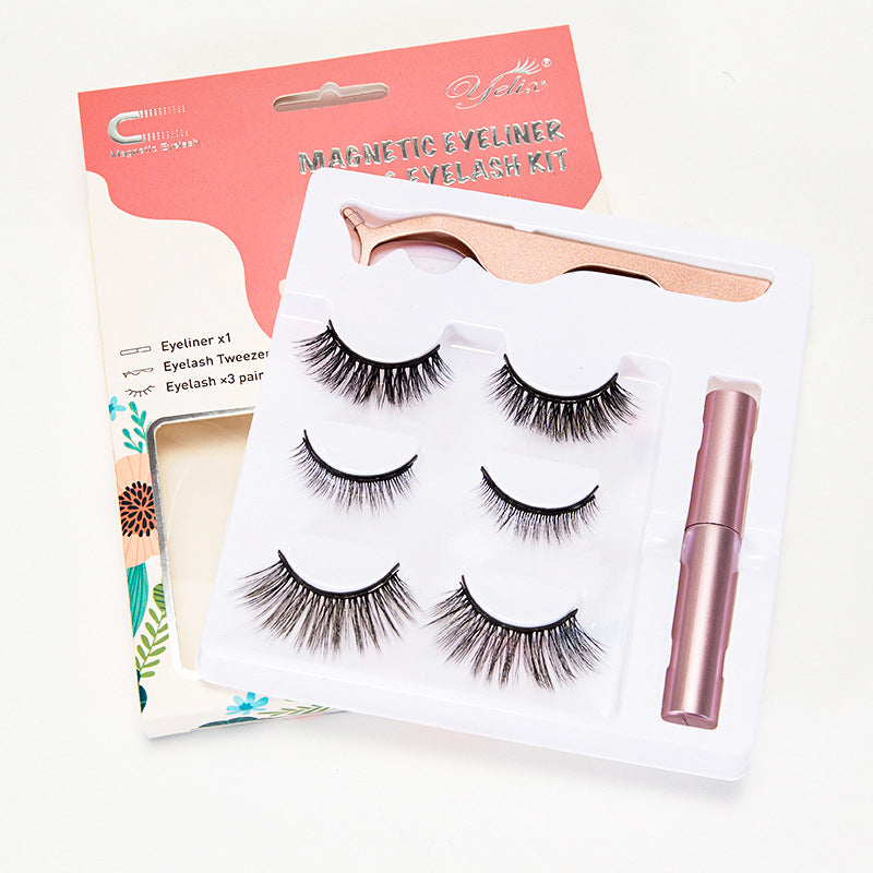 Yelix Cross-Border Magnetic False Eyelashes Set Liquid Eyeliner 3 Pairs Magnetic Free Glue