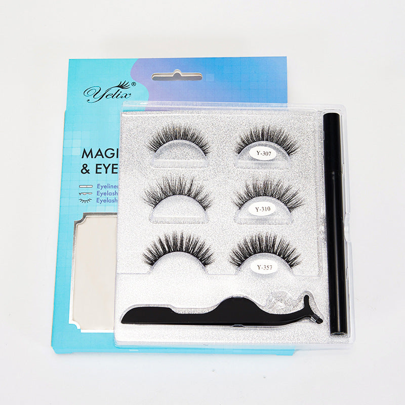 Yelix Cross-Border Magnetic False Eyelashes Set Liquid Eyeliner 3 Pairs Magnetic Free Glue