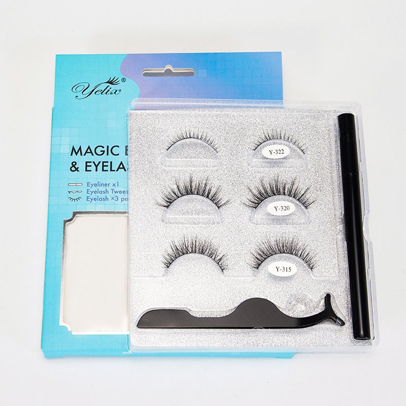 Yelix Cross-Border Magnetic False Eyelashes Set Liquid Eyeliner 3 Pairs Magnetic Free Glue
