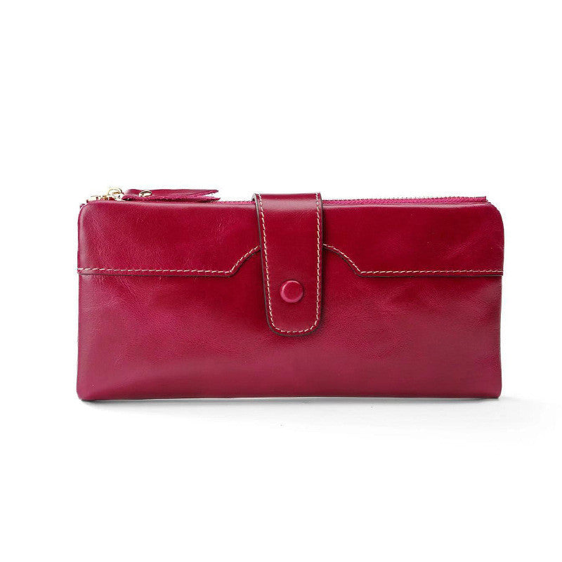 Ladies Long Wallet In Oil Wax Top Layer Cowhide
