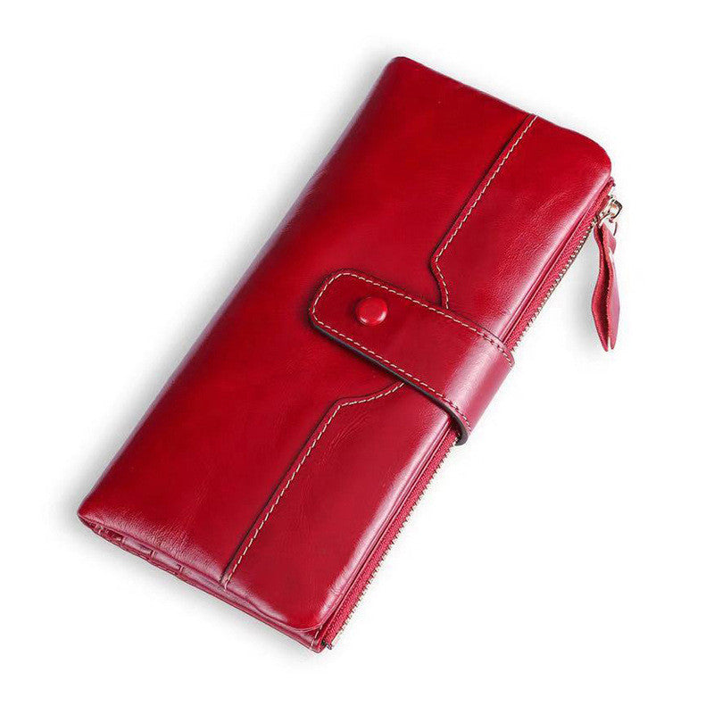 Ladies Long Wallet In Oil Wax Top Layer Cowhide