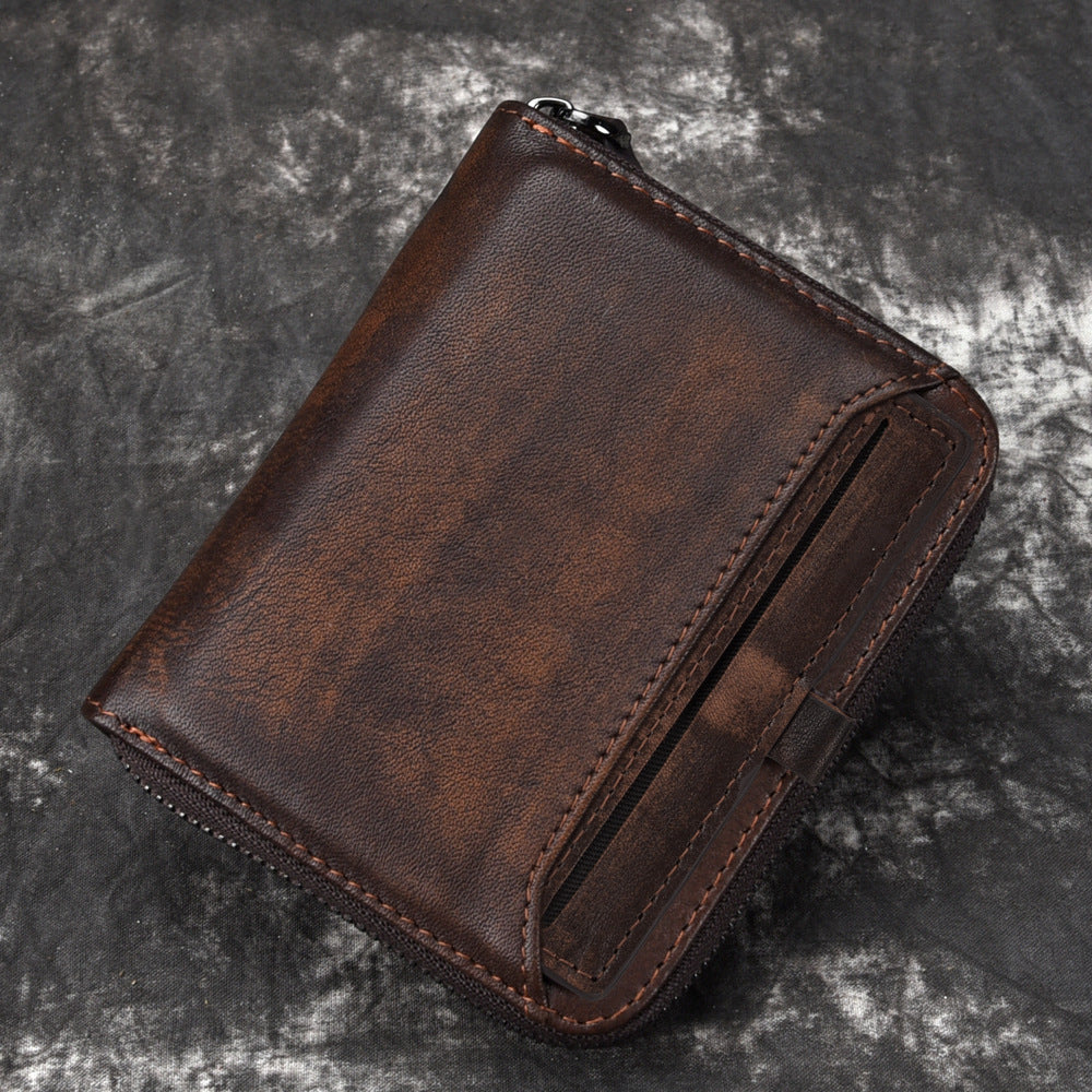 Portefeuille Homme en Cuir à Tête Courte Portefeuille Rétro pour Homme Portefeuille Vertical à Fermeture Éclair Loisirs Jeune