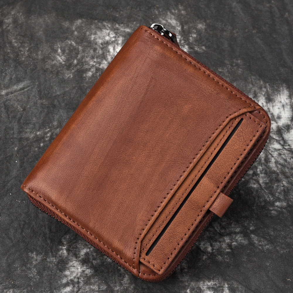 Portefeuille Homme en Cuir à Tête Courte Portefeuille Rétro pour Homme Portefeuille Vertical à Fermeture Éclair Loisirs Jeune