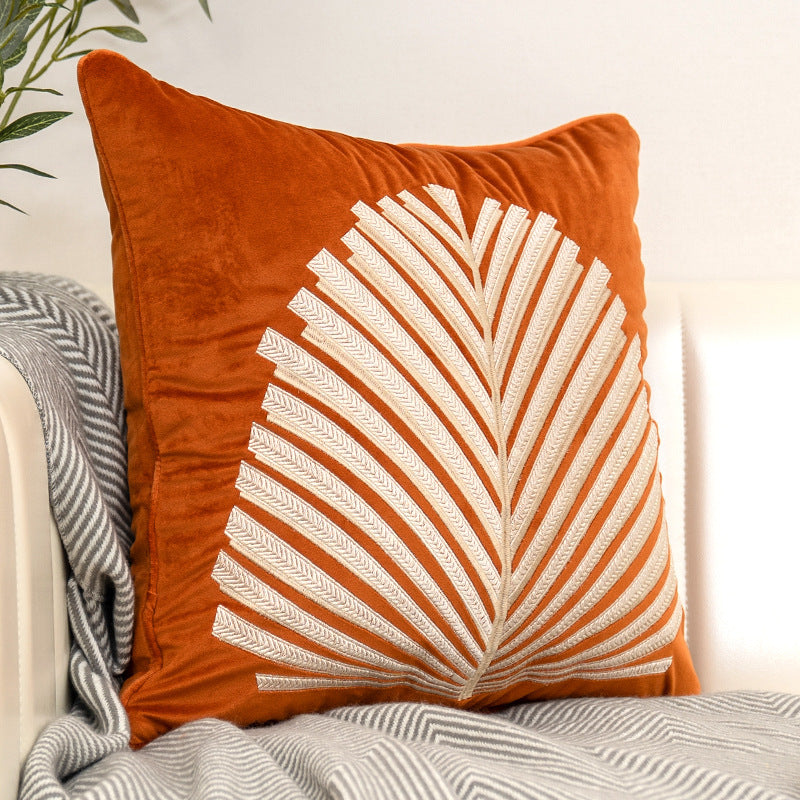 Modern Simple And Light Luxury Style Sofa Pillow Cushion Dutch Flannel Embroidered Fan Leaf Model Room Wind Waist Back Pillow