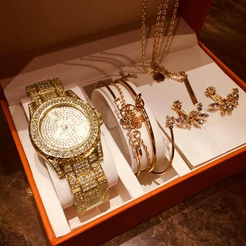 Fashion Creative Diamond Full Diamond Round Watch Leaf Bracelet Set Earrings Necklace