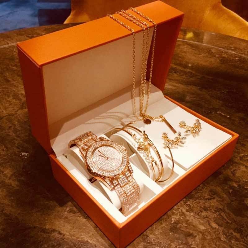 Fashion Creative Diamond Full Diamond Round Watch Leaf Bracelet Set Earrings Necklace