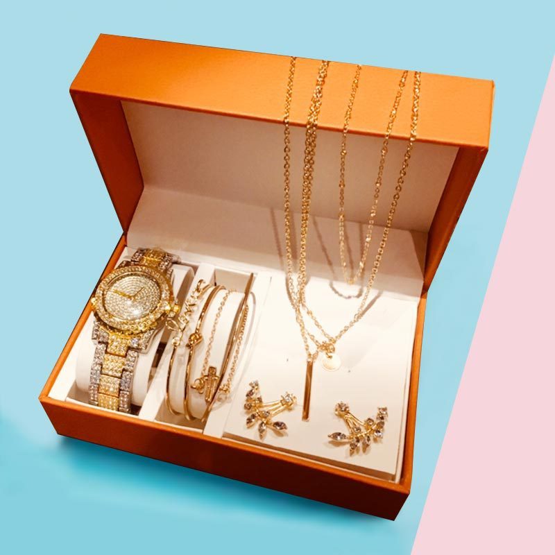 Fashion Creative Diamond Full Diamond Round Watch Leaf Bracelet Set Earrings Necklace