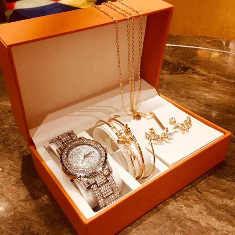 Fashion Creative Diamond Full Diamond Round Watch Leaf Bracelet Set Earrings Necklace