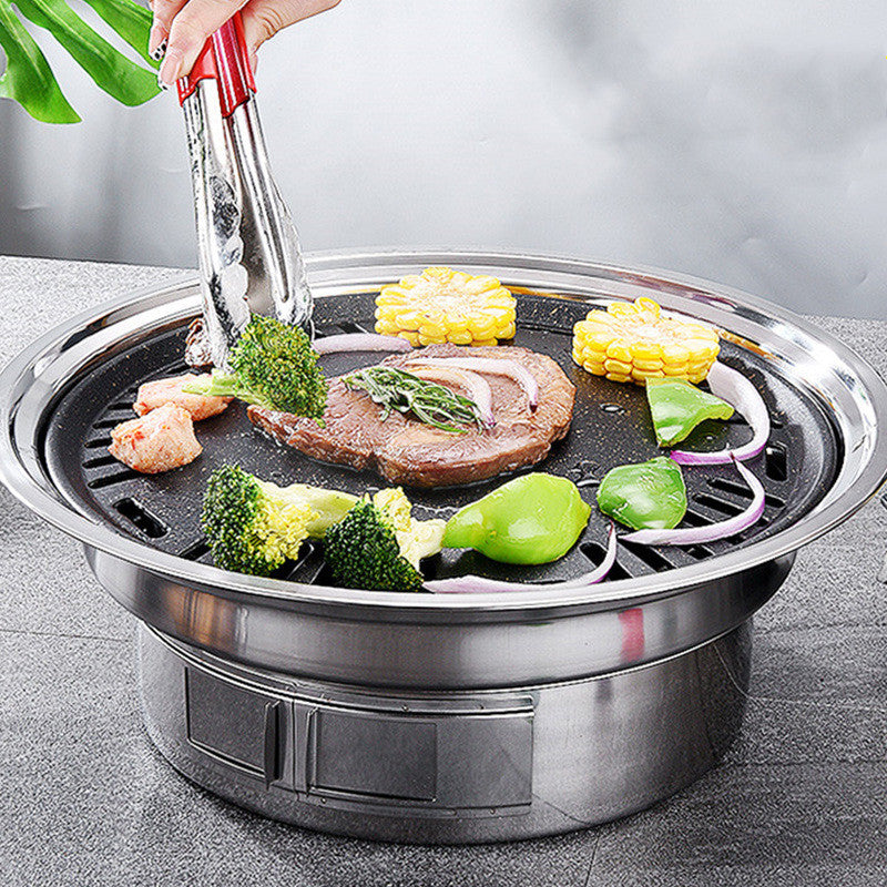 Barbecue au charbon de bois en acier inoxydable, grille de barbecue coréen antiadhésive, barbecue portable d'extérieur, réchaud à charbon rond.