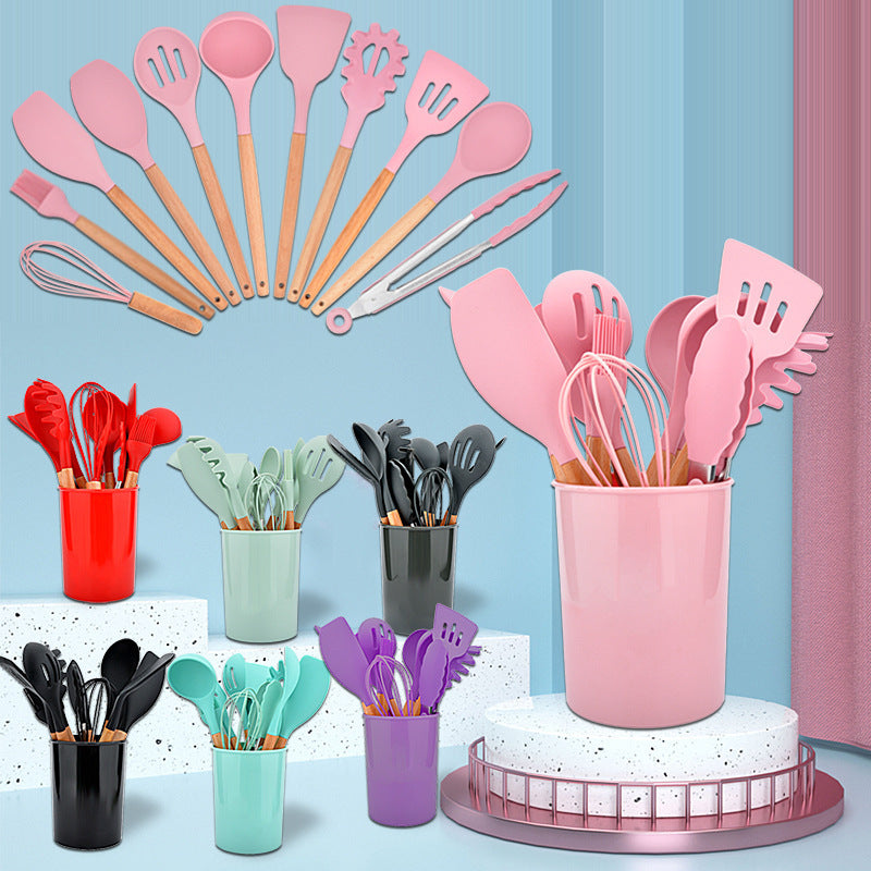 Ustensiles de cuisine en silicone à manche en bois, ensemble de 12 spatules antiadhésives, outils de cuisine, spatule de cuisson, cuillère, ensemble de pâtisserie