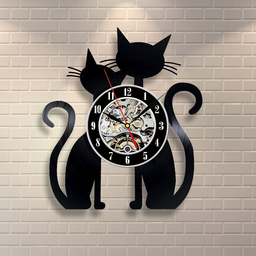 Horloge murale en vinyle en forme de chat créatif, décoration de chambre, horloge murale à quartz ultra silencieuse