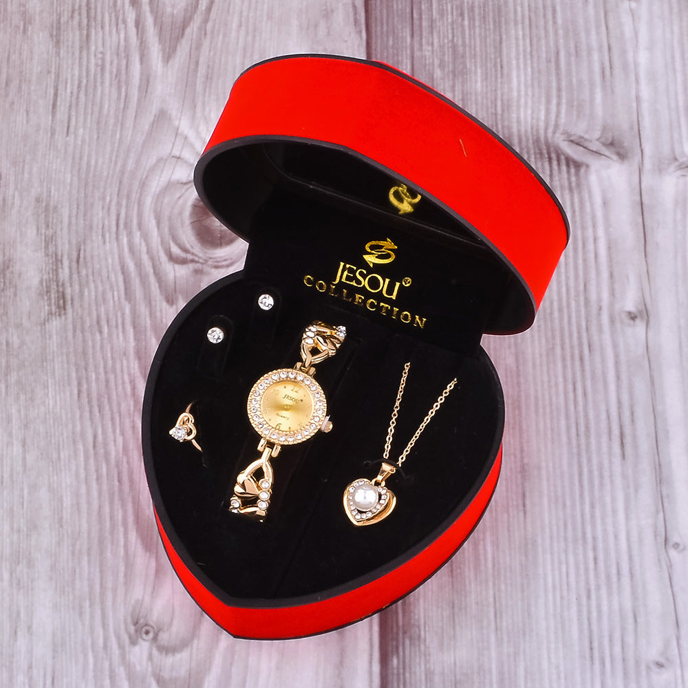 Nouvelle Montre Femme Exquise Collier Bague Boucles d'Oreilles Bijoux Ensemble Quatre Pièces