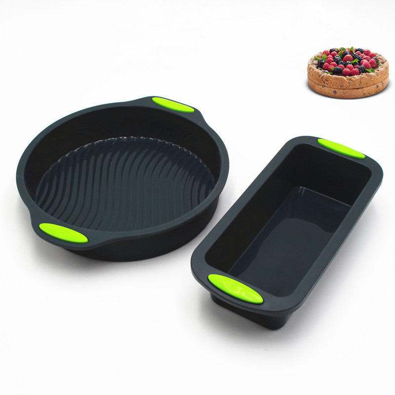 Juego de dos moldes de silicona, molde redondo para pastel de 23 cm con orejas dobles de dos colores, bandeja para tostadas y utensilios para hornear.