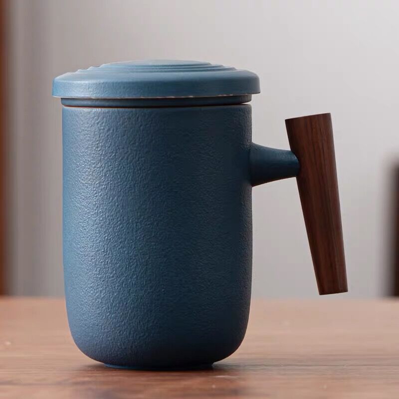 Household Tea Cup With Lid Tea Water Separation Filter Cup Creative Wooden Handle Water Cup Ceramic Office Cup
