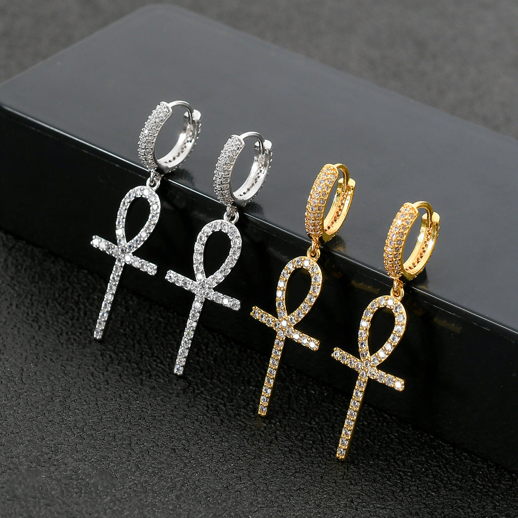 The New Anhe Key Cross Earrings Hip-Hop Men And Women Full Of Zircon Trendy Brand Personality Hip-Hop Earrings