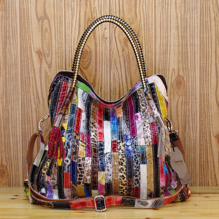 Cowhide Snake Pattern Colorful Stripes And One Shoulder Diagonal Bag