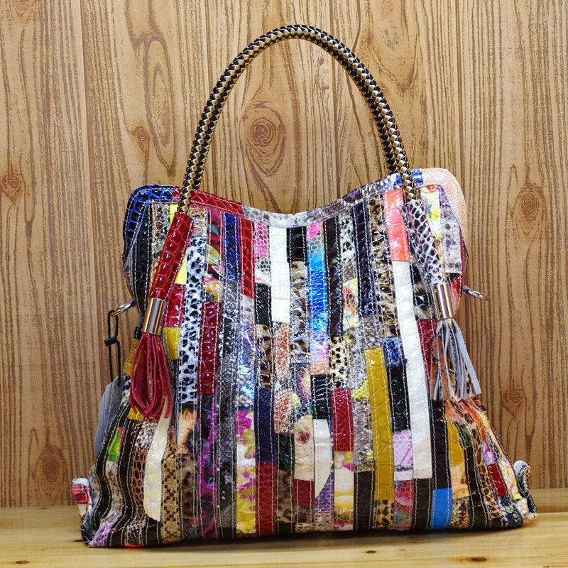 Cowhide Snake Pattern Colorful Stripes And One Shoulder Diagonal Bag