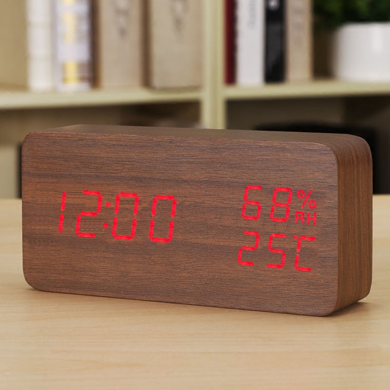 Réveil Humidité Chambre Bébé Horloge en Bois LED Lumineux Silencieux Réveil Multifonctionnel Horloge Électronique
