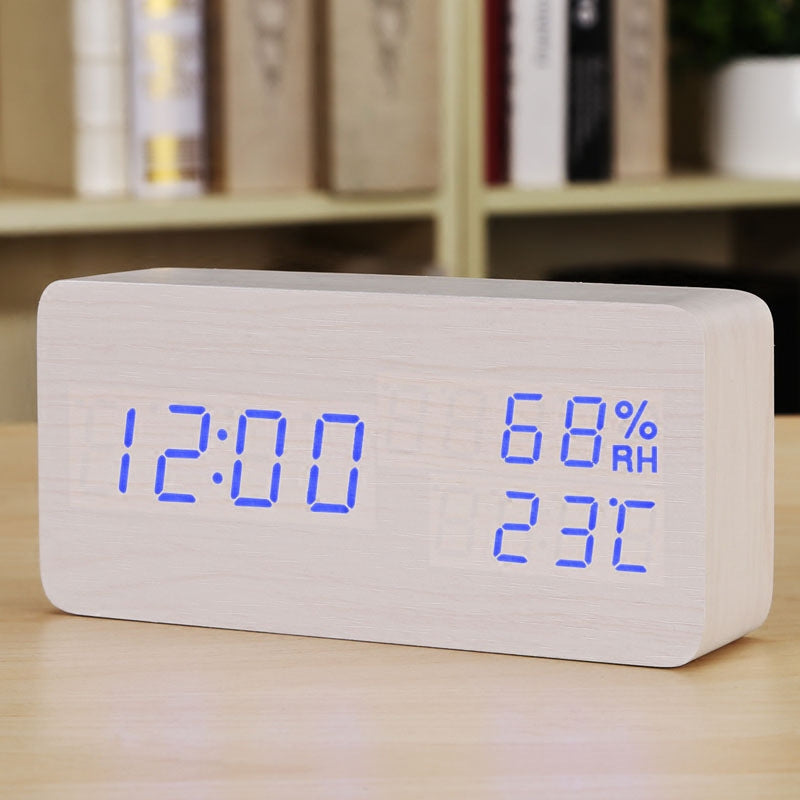 Réveil Humidité Chambre Bébé Horloge en Bois LED Lumineux Silencieux Réveil Multifonctionnel Horloge Électronique