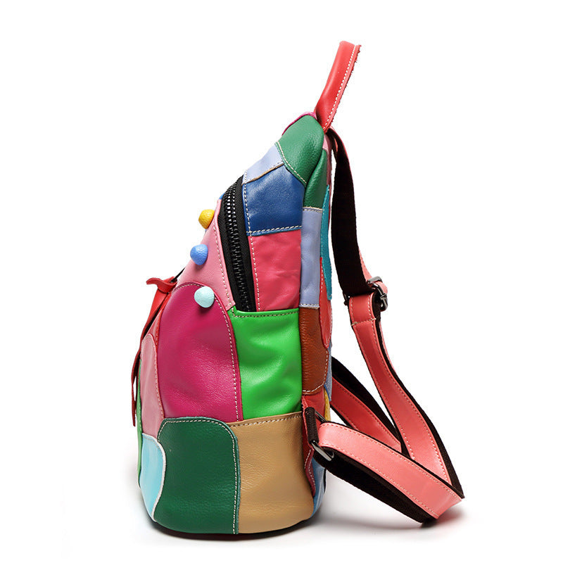 Large Capacity Leather Backpack Women Cross-Border Wholesale New Stitching Backpack Sheepskin Travel Handbag