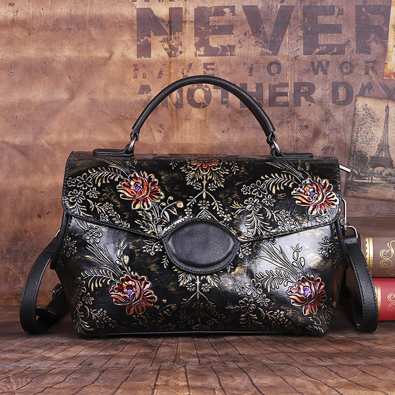 Johnature Sac à main vintage en cuir véritable pour femme, nouveau sac à bandoulière polyvalent en cuir de vachette estampé de première couche, fait à la main